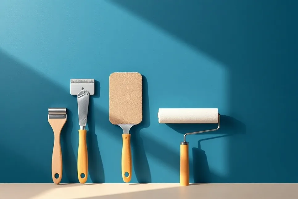 Outils de peinture disposés dans l'ordre des étapes du chantier
