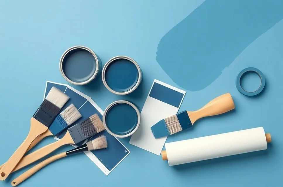 Pots de peinture, nuancier, brosses et rouleaux disposés à plat