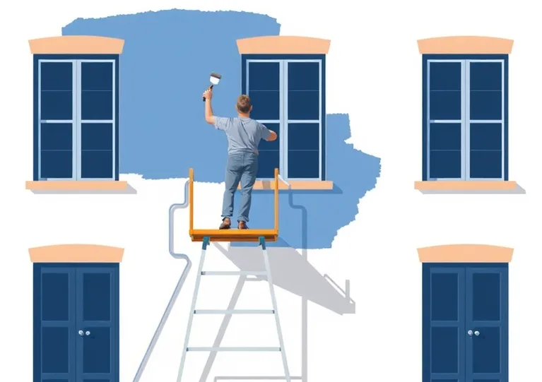 Peintre sur échafaudage traitant la façade d'une maison